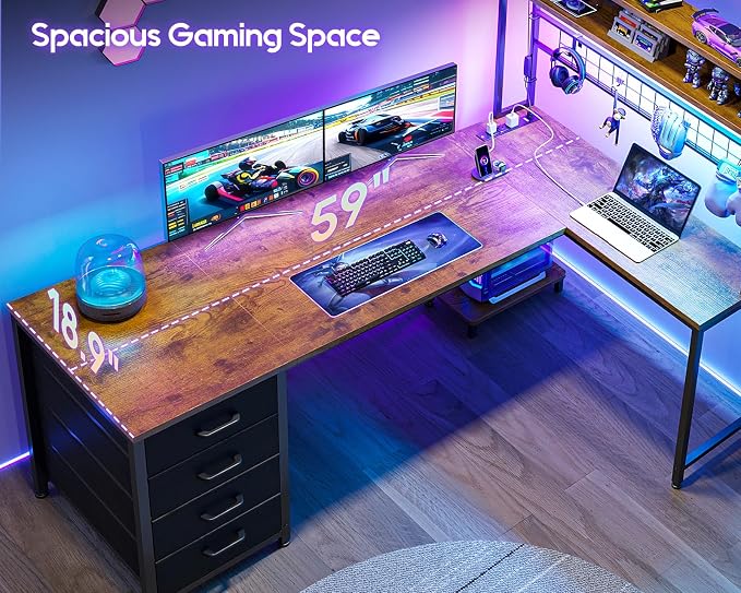 AODK L Shaped Gaming Desk with Hutch, 59" Computer Desk with 4 Drawers & Storage Shelves, Reversible Corner Desk with LED Light & Power Outlets, Gamer Table for for Home Office, Vintage