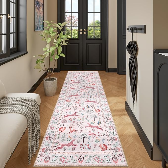 DUKINO 2.6x8 Rug for Hallway, Washable Kitchen Runner Rug with Non Slip Backing, Soft Low Pile Vintage Animal Runner for Bedroom, Kitchen, Hallway, Entryway, Laundry, Pink