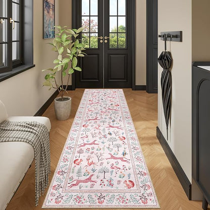DUKINO 2.6x8 Rug for Hallway, Washable Kitchen Runner Rug with Non Slip Backing, Soft Low Pile Vintage Animal Runner for Bedroom, Kitchen, Hallway, Entryway, Laundry, Pink
