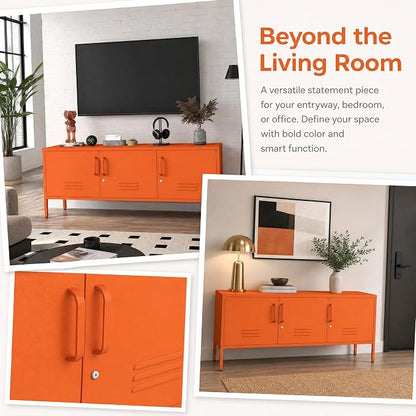 Metal Storage Cabinet with Adjustable Shelves, Wide Lockable TV Stand, Multipurpose Accent Cabinet, Orange Colorful Locker for Home Office Living Room, 22" H x 47.3" x 13.8" D