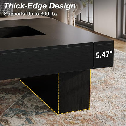 LVB Black Coffee Table, Modern Wood Led Living Room Table with Storage, Unique Large Wide Square Center Table with LED Light, Contemporary Low Tea Table for Bedroom Home Office, 39.37 Inch, Black Oak