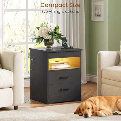DICTAC Nightstand with Charging Station and LED Lights, Bedside Table with Lockable Sliding Desktop, Modern Night Stand with Storage Drawers and Open Shelf, End Side Table for Bedroom, Home Office