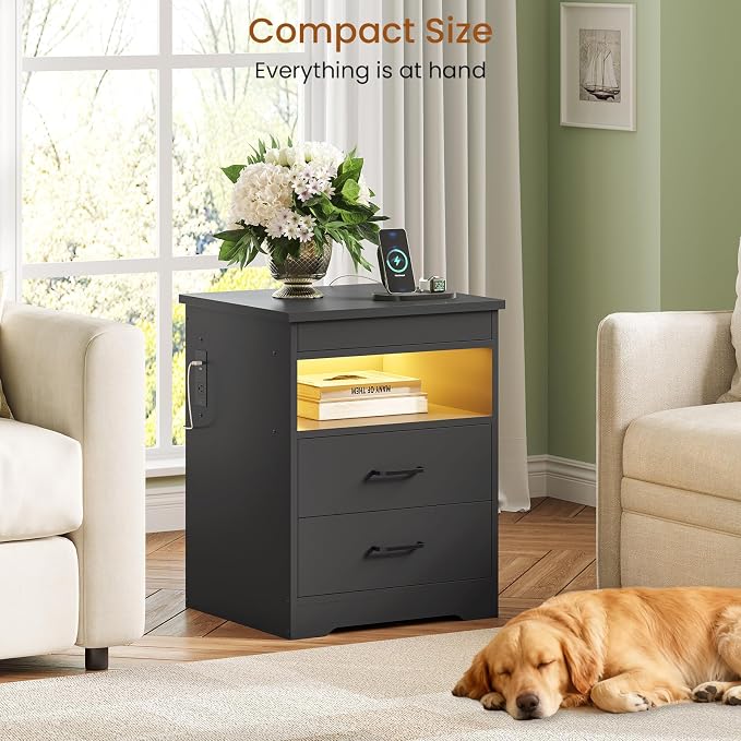 DICTAC Nightstand Set of 2 with Charging Station and LED Lights, Bedside Table with Lockable Sliding Desktop, Modern Night Stand with Storage Drawers and Open Shelf, End Table for Bedroom, Home Office