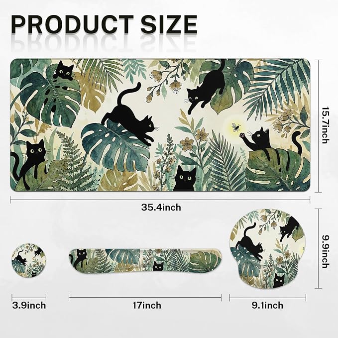 Britimes Green Tropical Plants Keyboard Mouse Pad Set Black Cats 4in1 Large Mousepad+Keyboard Wrist Rest+Mouse Wrist Rest+Coaster Ergonomic Design for Home Office Computer 35.4x15.7 inches