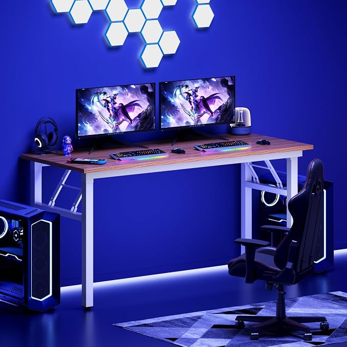 DlandHome Computer Desk, 59.8Inch Office Desk Computer Table, Study Writing Study Desk for Home Office, Teak and White