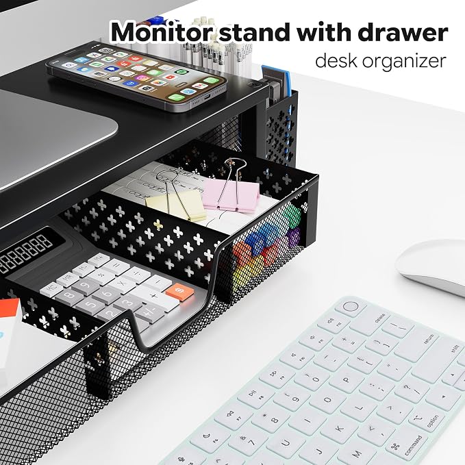 Simple Trending Metal Monitor Stand Riser, Drawer & 2 Pen Holders, Black | 2-in-1 Desk Organizer & Monitor Stand | Sturdy Metal | Drawer + Pen Holders | Ergonomic Support | Space Saving | Easy Setup