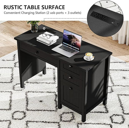 Farmhouse Executive Desk 45 inch Computer Desk with 4 Drawers, Smart Charging Station, Home Office & Study Room Essential for Remote Workers, Professionals & Students, Black