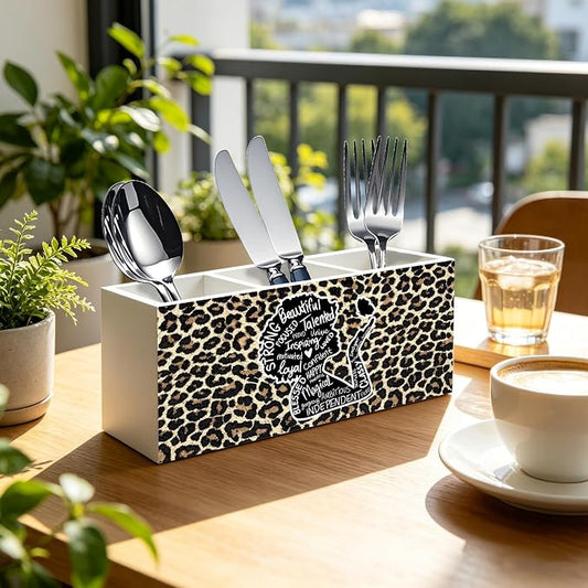 Inspirational Black Girl Woman Leopard Print Makeup Brush Toothbrush Holder for African American Women, Black Girl Magic Cheetah Print Wood Signs Pen Pencil Holder Organizer Desk Accessories