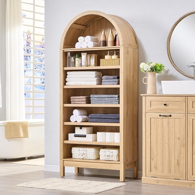 IFGET 71" Tall Arched Bookshelf, 7 Tiers Arch Bookcase with Storage, Modern Farmhouse Book Shelf with Adjustable Shelves, Wood Bookshelf w/Open Display Shelves for Living Room, Office (Natural)