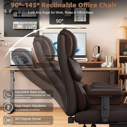 Vonesse Big and Tall Office Chair, Desk Chair with Soft Adjustable Armrests, Ergonomic High Back Gaming Chair with Lumbar Support, Executive Computer Chairs with Footrest (PU Leather, Brown)