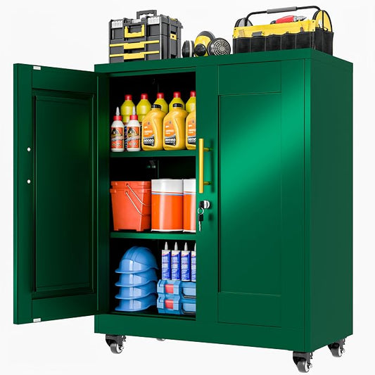 36" Metal Garage Storage Cabinet with Lock and Wheels,Rolling Steel Locker Organizer,Office File Cabinet with 2 Doors and 2 Adjustable Shelves,Tool Cabinets for Home Office,Gym,School (Green)
