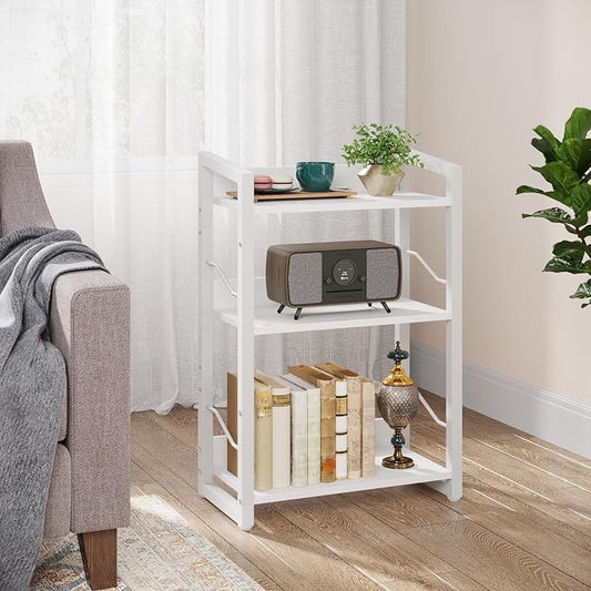 Hosfais Book Shelf Small Bookshelf - 3-Tier Wood Bookcase Industrial Bookshelf Metal Narrow Bookcase Storage Organizer Display Rack for Bedroom Living Room Home Office (White)