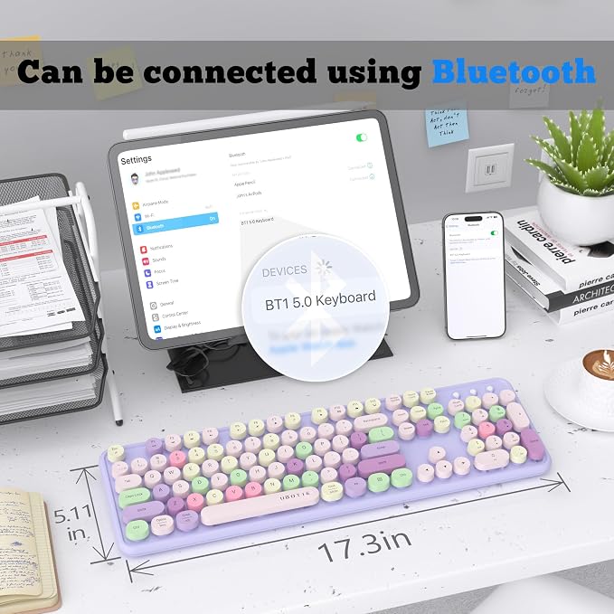UBOTIE Dual Mode Colorful Wireless Keyboard, Bluetooth and USB Receiver Retro Typewriter Round Keycaps Keyboard Support Multi Devices for PC Laptop Tablet Phones(Purple Colorful)