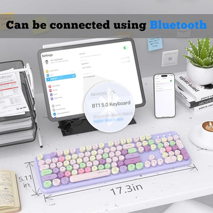 UBOTIE Dual Mode Colorful Wireless Keyboard, Bluetooth and USB Receiver Retro Typewriter Round Keycaps Keyboard Support Multi Devices for PC Laptop Tablet Phones(Purple Colorful)