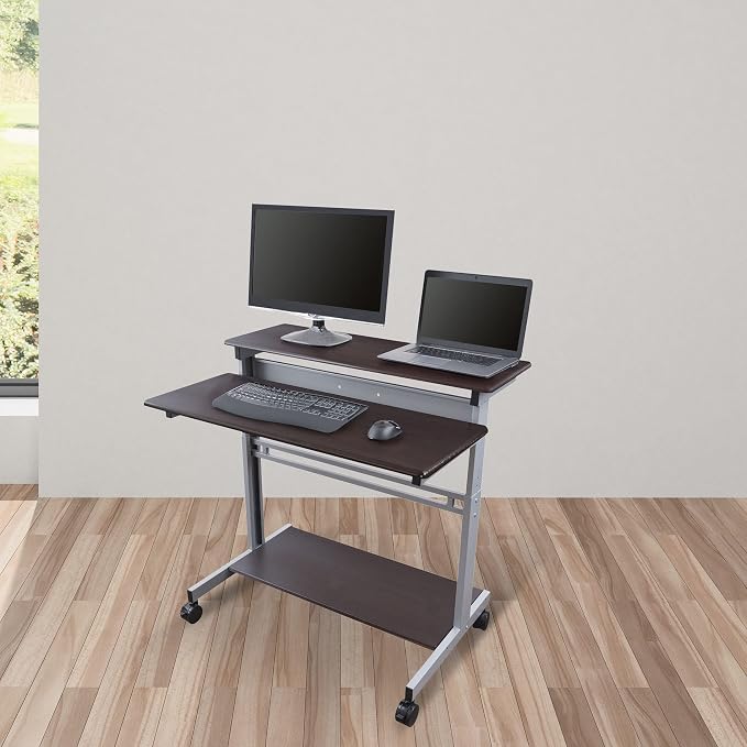Stand Up Desk Store Rolling Adjustable Height Two Tier Standing Desk Computer Workstation (Silver Frame/Dark Walnut Top, 40" Wide)