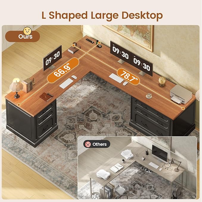 SEDETA Farmhouse 78.8" L Shaped Desk with 6 Drawers, Home Office Desk with Power Outlet, File Cabinet Storage, Wood Corner Computer Desk for Work and Study, Black+Brown