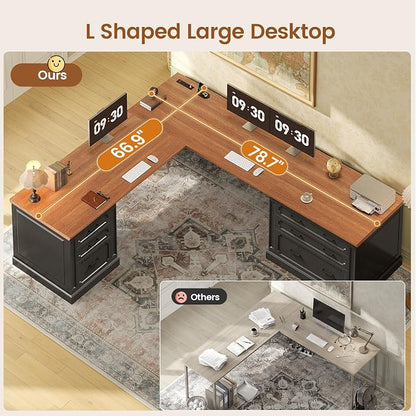 SEDETA Farmhouse 78.8" L Shaped Desk with 6 Drawers, Home Office Desk with Power Outlet, File Cabinet Storage, Wood Corner Computer Desk for Work and Study, Black+Brown