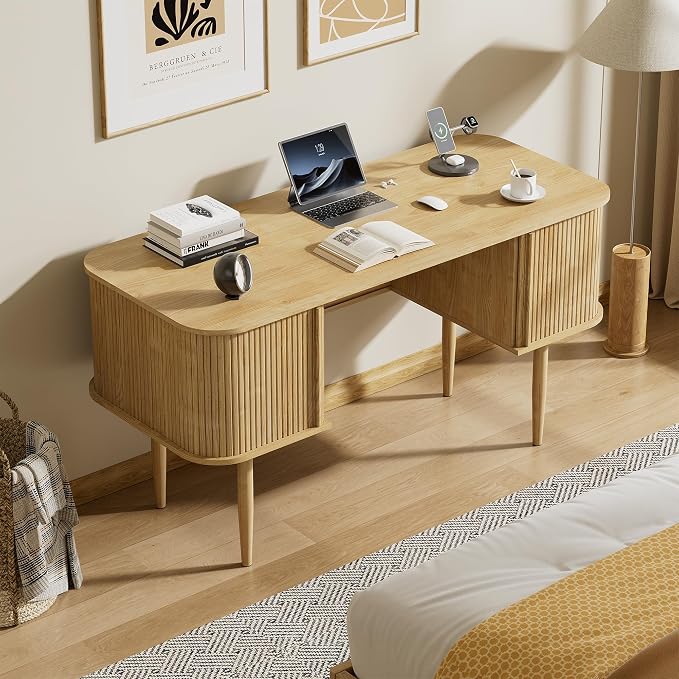 Furniway 55" Modern Writing Desk with Sliding Doors, Wood Home Office Desk with Storage, Computer Desk for Study, Living Room, Dorm, Natural