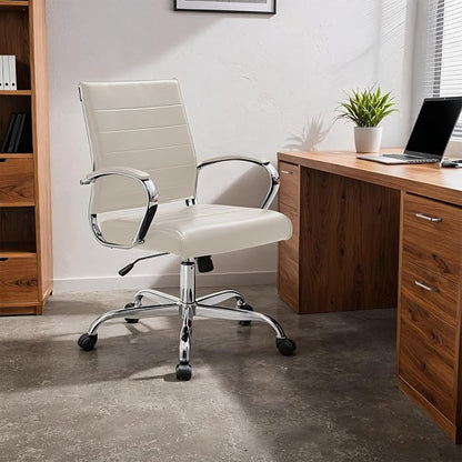 LeisureMod Benmar Leather Office Desk Chair, Mid-Back Ergonomic Swivel Chair with Lumbar Support, Adjustable Height, Tilt Lock, Cushioned Seat & Back, Home Office Task Chair (Tan, Pallet)