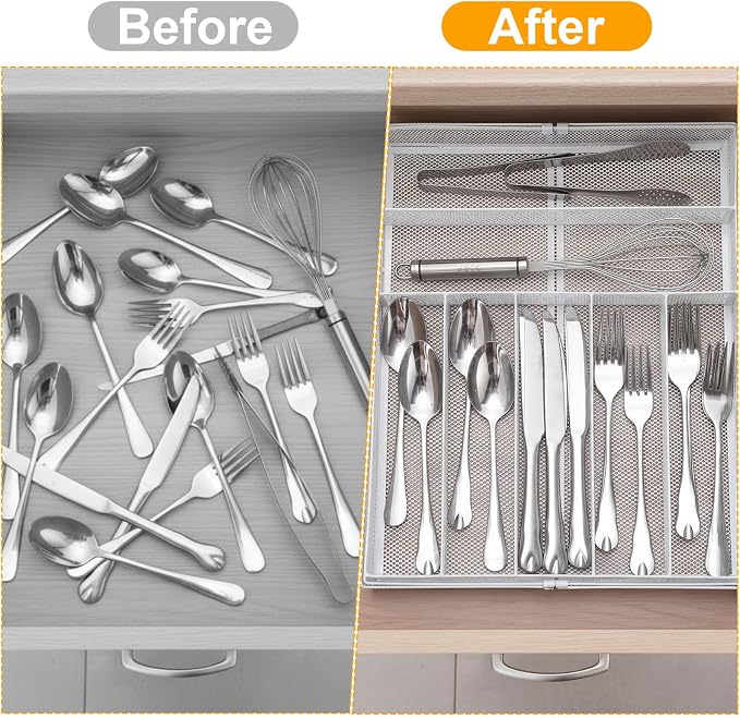 2 Pcs Utensil Drawer Silverware Organizer, Metal Mesh Expandable 13" 24" Kitchen Drawer Organizer, 7-9 Slots Cutlery Tray Dividers for Kitchen Flatware Christmas Housewarming Gift (White)
