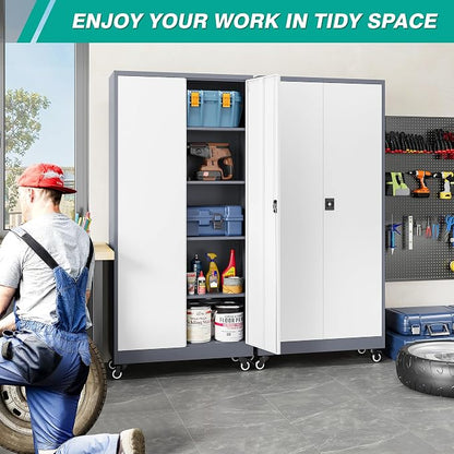 75" Tall Metal Storage Cabinet with Wheels,Rolling Garage Storage Cabinet with Lock,Gray White Metal Cabinets with Wheels and Shelves,Locking Tool Cabinets on Wheel for Garage,Home,Office,Shop