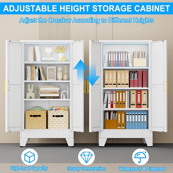 pozdeg 47.24" Tall Metal Storage Cabinet with 2 Doors & 3 Adjustable Shelves, Steel File Cabinet Multipurpose Organizer for Home Office Garage (White)