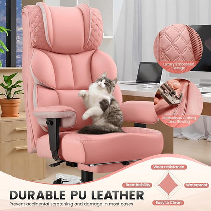 BestGlory Office Desk Chair, Big and Tall Leather Gaming Chair with Footrest, Ergonomic Comfy Executive High-Back Reclining Computer Chairs, Wide Swivel Rolling Wheels and Padded Lumbar Support, Pink
