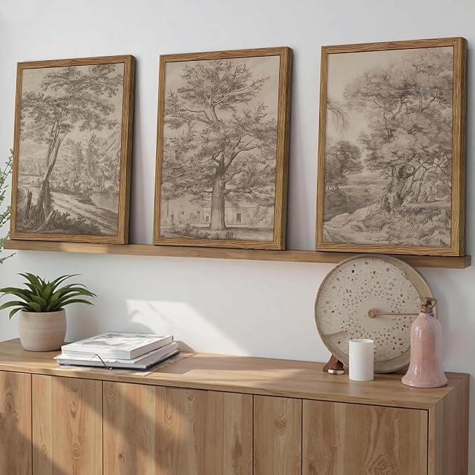 Vintage Landscape Framed Wall Art Set of 3, Neutral Nature Wabi Sabi Canvas Wall Decor Painting, Rustic Retro Botanical Tree Artwork Prints Pictures for Farmhouse Living Room Bedroom 16x24 Inch