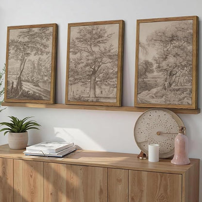 Vintage Landscape Framed Wall Art Set of 3, Neutral Nature Wabi Sabi Canvas Wall Decor Painting, Rustic Retro Botanical Tree Artwork Prints Pictures for Farmhouse Living Room Bedroom 16x24 Inch