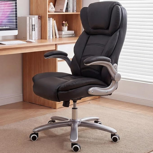 GYI Big and Tall 400lb Office Chair, Leather Executive Desk Chair, Black | 24"Wide Seat, High Back, Space-Saving Flip-up Arms, Lumbar Support, Heavy Duty Base, Home, Conference Room
