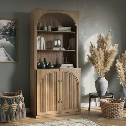 BELLEZE Tall Arched Storage Cabinet with Hutch,Modern Bookcase with Drawers,Freestanding Display Shelf with Fluted Design,Wood Highboard for Living Room,Kitchen Pantry,Home Office - Camel