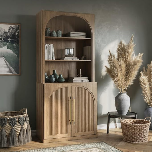 BELLEZE Tall Arched Storage Cabinet with Hutch,Modern Bookcase with Drawers,Freestanding Display Shelf with Fluted Design,Wood Highboard for Living Room,Kitchen Pantry,Home Office - Camel