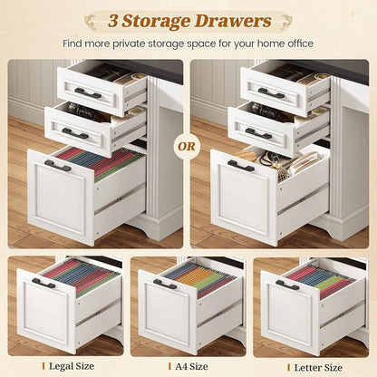 SEDETA Farmhouse L Shaped Desk with Hutch and 3 Drawers, 68.9" Executive Office Desk with File Drawer and Power Outlet, Corner Computer Desk with Storage Shelves for Home Office, White