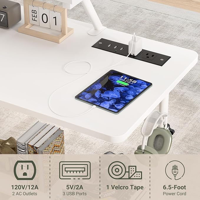 Height Adjustable Standing Desk with Power Outlets and LED Lights - 39" Manual Stand Up Desk with Monitor Stand and Storage Shelves Small Mobile Rolling Computer Desk Portable Laptop Table, White