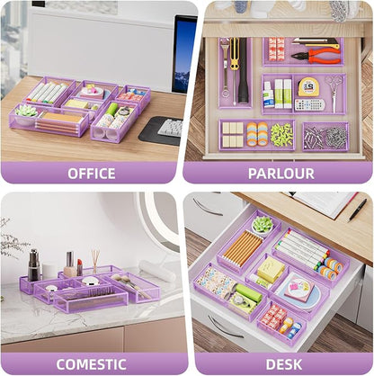 Marbrasse 5 Pack Desk Drawer Organizer Set, Mesh Drawer Storage Trays with 1 Adjustable Divider, Desk Organizers and Accessories, 5 PCS Drawer for Office Supplies, Makeup & Vanity (Purple)