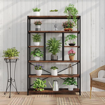 LVB Rustic Bookcases and Book Shelves, Metal Wood 6 Tier Bookshelf and Book Rack Storage, Industrial Vertical Display Etagere Book Case 6 Shelf, Vintage Large Book Shelf for Bedroom Living Room, Brown