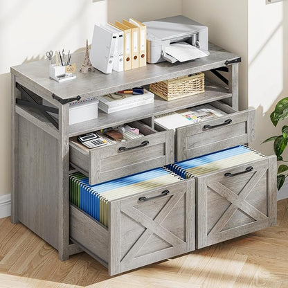 Halitaa Farmhouse 4 Drawer File Cabinet with Open Storage Shelf, Lateral Filing Cabinet Fits Letter/A4/ Size, Home Office Filing Organizer, Document Storage Printer Stand for Home and Office,Grey
