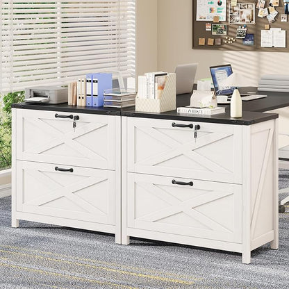 Lateral File Cabinet with 2 Large Drawers, Farmhouse File Cabinet with Lock for Letter/Legal/A4 Size Hanging Files, Wood File Storage Cabinets Printer Stand for Home Office Cabinets, White and Black