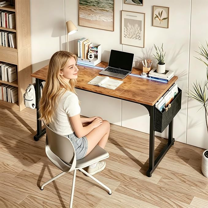 DurayLoly 48 Inch Computer Desk with Waterproof LED Lights,Study Desk for Teens & Home Office,Headphone Hook & Storage Bag Included,Sturdy Metal Frame,Small Space Friendly,Rustic Brown