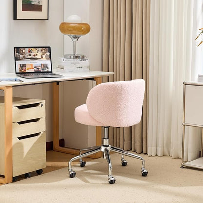 VINGLI Cute Small Swivel Desk Chair Comfy with Wheels,Ergonomic Low-Back Lumbar Support Vanity Nail Tech Rolling Task Stool Girls Women Kids Chair for Home Office,Height Adjustable,Teddy Fleece,Pink