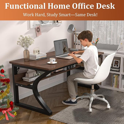 47 inch Computer Desk, Home Office Desk with Storage Shelf, Sturdy U-Shaped Metal Frame Study Table with Cable Management, Gaming Desk for Office & Bedroom (Deep Walnut, 47inch)