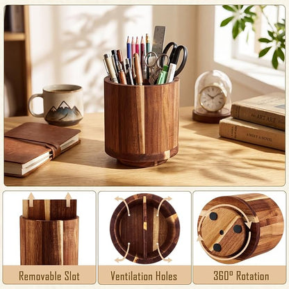 Fullhawl Wooden Rotating Pen Holder 360 Degree Spinning Desk Organizer with Removable Divider Large Pencil Cup for Pens Markers Scissors Art Supplies Office Study Home Desk Craft Room Storage