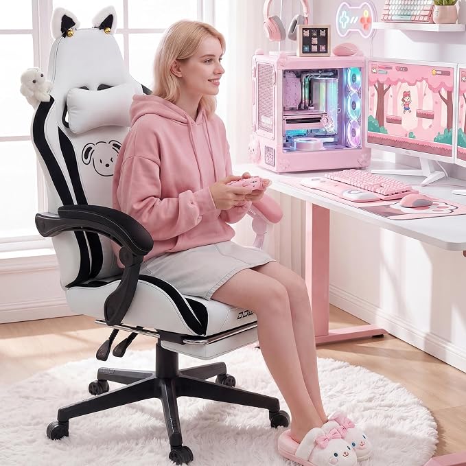 Dowinx Gaming Chair with Cat Ears and Massage Lumbar Support, Ergonomic Computer Chair with Footrest and Headrest, Comfortable Reclining Game Chair 290lbs for Adults, Black White