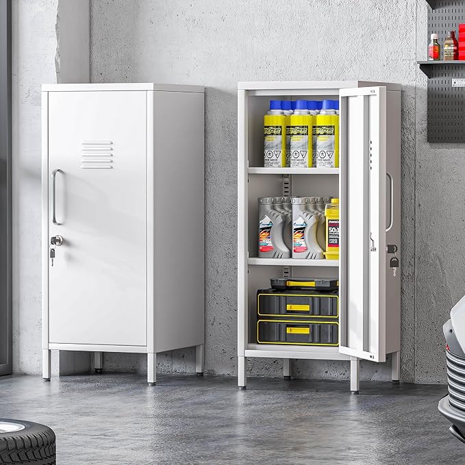 Metal Locker Cabinet, 35.4" H Home Office Storage Lockers, Vertical Steel Storage Cabinet with Locking Door and 2 Adjustable Shelves, Garage Tool File Cabinets for Home Office,Garage,Bathroom,White