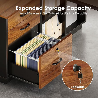 AODK 71 Inch L Shaped Executive Desk with Drawers and File Cabinet, Large Office Desk with Storage Shelves, Corner Computer Desk for Home Office, Walnut + Black