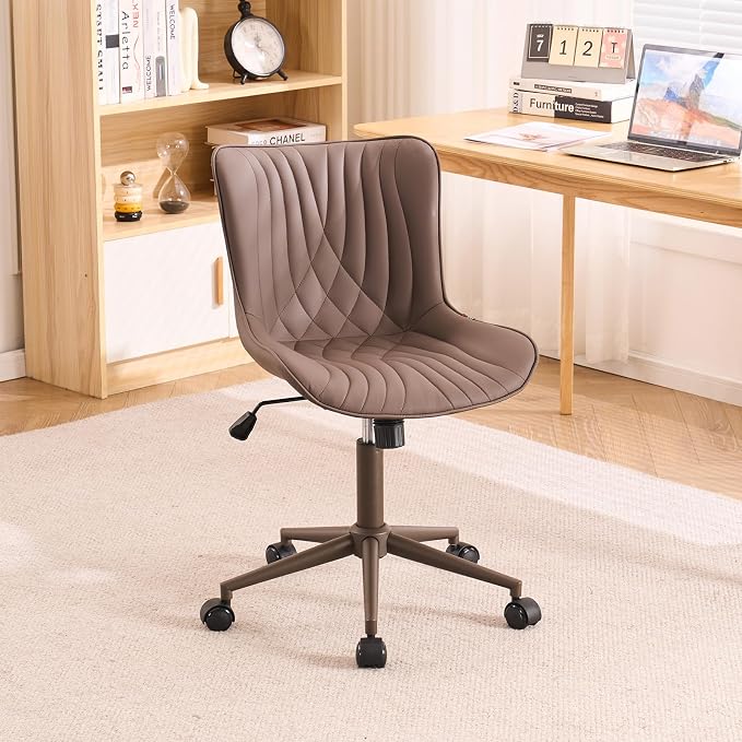 YOUTASTE Armless Office Desk Chair with Wheels, Adjustable Swivel Vanity Chair, PU Leather Upholstered, Ergonomic Back Support, Modern All Brown Computer Chair for Home Office, Bedroom, Study