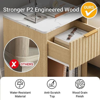 Fluted Nightstand, Night Stand Set 2, Nightstands Set of 2 with Charging Station and Faux Marble Top, Wooden End Table with Drawer, Modern Bedside Table for Bedroom Living Room, Natural Oak