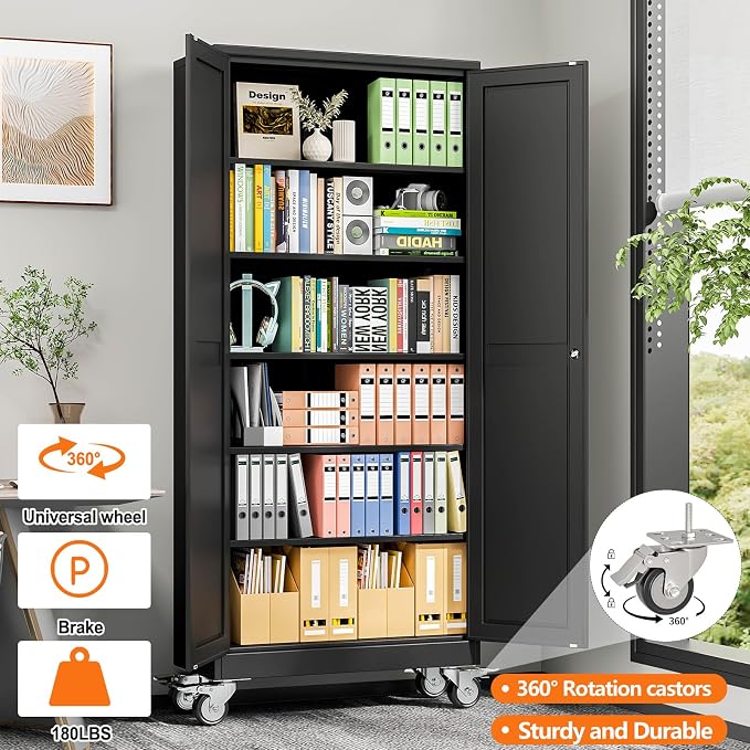 pozdeg 75" Metal Garage Storage Cabinets with Wheels, Lockable Rolling File Cabinets with 2 Doors and 5 Adjustable Shelves, Steel Tool Organizer Locker for Office Home Garage Gym School, Black