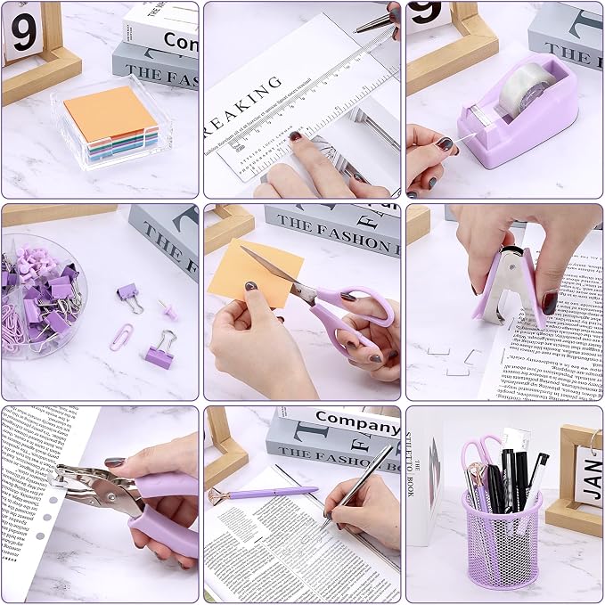 17 in 1 Purple Desk Organizers and Accessories Set, 3 Office Desk Supplies Storage Organization, 4 Pens, Stapler, Staples & Remover, Tape & Dispenser, Scissors, Ruler, Clips, Hole Punch Back to School