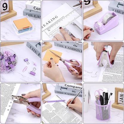 17 in 1 Purple Desk Organizers and Accessories Set, 3 Office Desk Supplies Storage Organization, 4 Pens, Stapler, Staples & Remover, Tape & Dispenser, Scissors, Ruler, Clips, Hole Punch Back to School